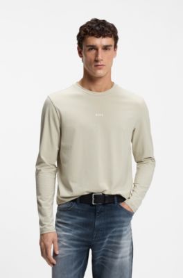 Longsleeve aus Stretch-Baumwolle mit Logo-Print, Hellbeige