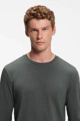 Long-sleeved T-shirt in stretch cotton with logo print, Dark Green