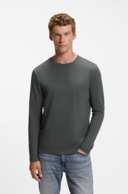 Long-sleeved T-shirt in stretch cotton with logo print, Dark Green