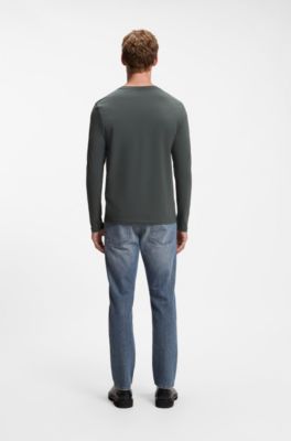 Long-sleeved T-shirt in stretch cotton with logo print, Dark Green