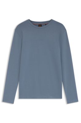Long-sleeved T-shirt in stretch cotton with logo print, Blue
