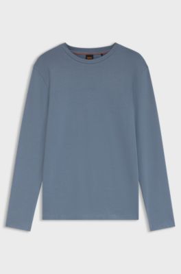 Long-sleeved T-shirt in stretch cotton with logo print, Blue