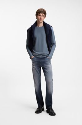 Long-sleeved T-shirt in stretch cotton with logo print, Blue