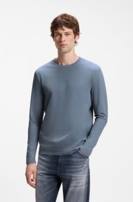 Long-sleeved T-shirt in stretch cotton with logo print, Blue