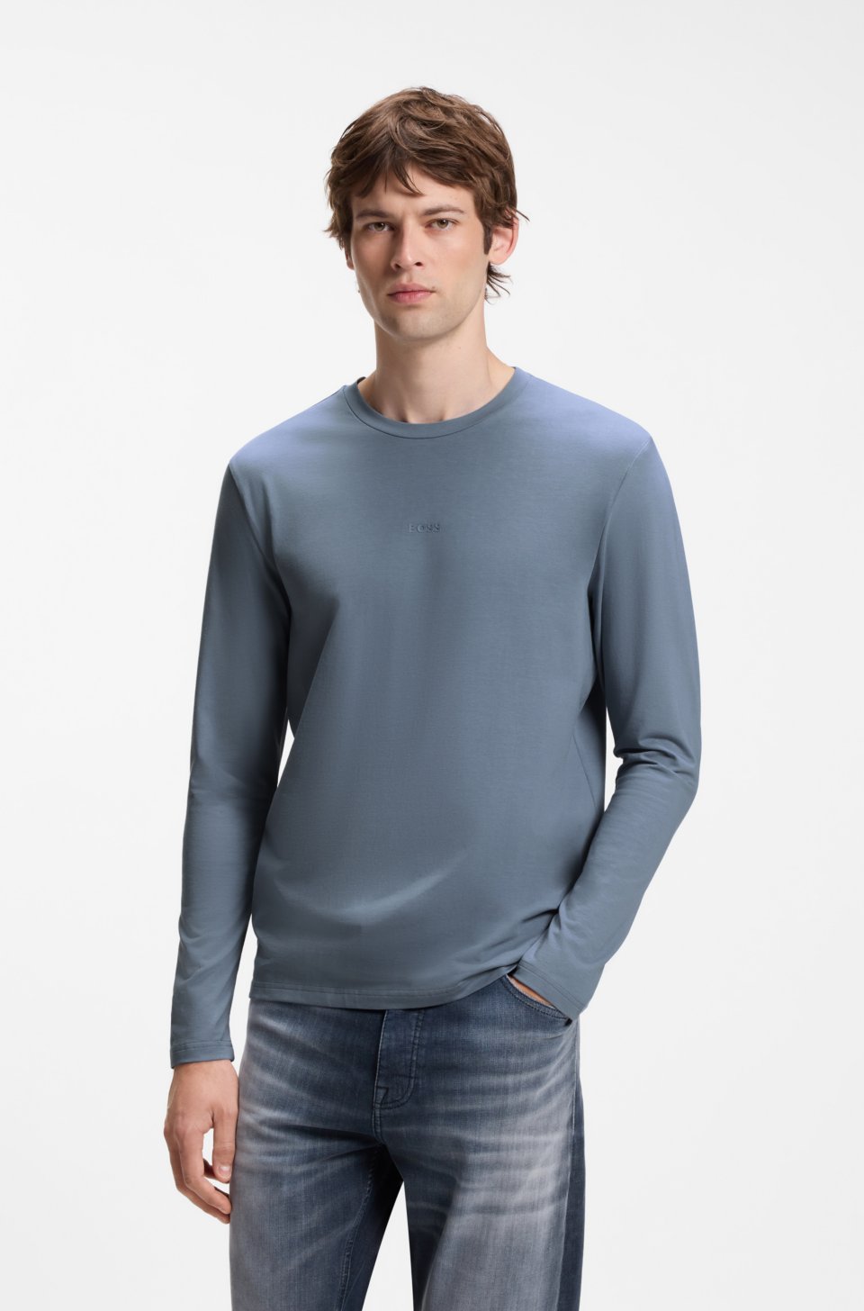 Long-sleeved T-shirt in stretch cotton with logo print