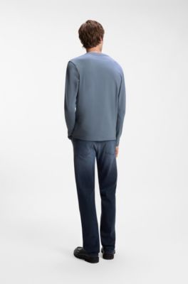 Long-sleeved T-shirt in stretch cotton with logo print, Blue