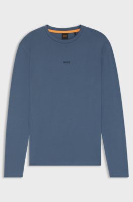 Long-sleeved T-shirt in stretch cotton with logo print, Blue