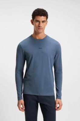 Long-sleeved T-shirt in stretch cotton with logo print, Blue