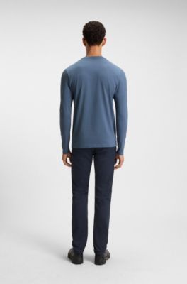 Long-sleeved T-shirt in stretch cotton with logo print, Blue