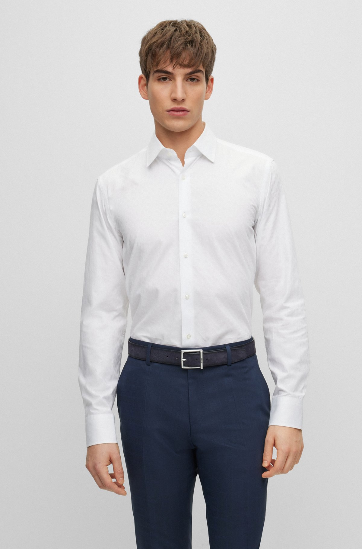 Slim-fit shirt in Italian cotton with jacquard monograms, White