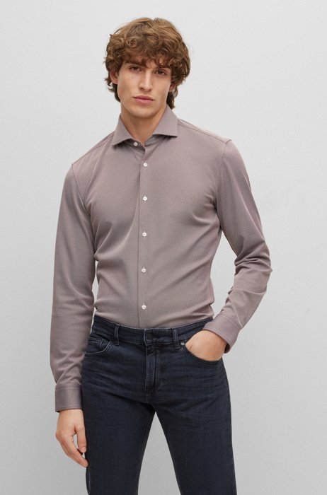 Slim-fit shirt in structured performance-stretch jersey, Brown