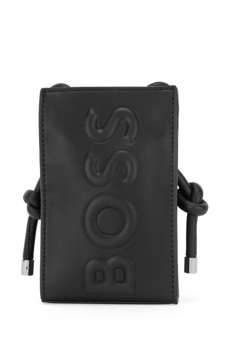 Faux-leather phone holder with raised logo, Black