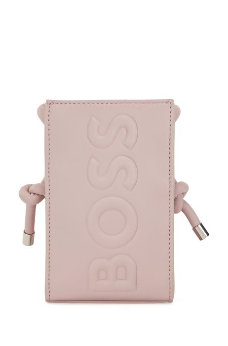 Faux-leather phone holder with raised logo, light pink