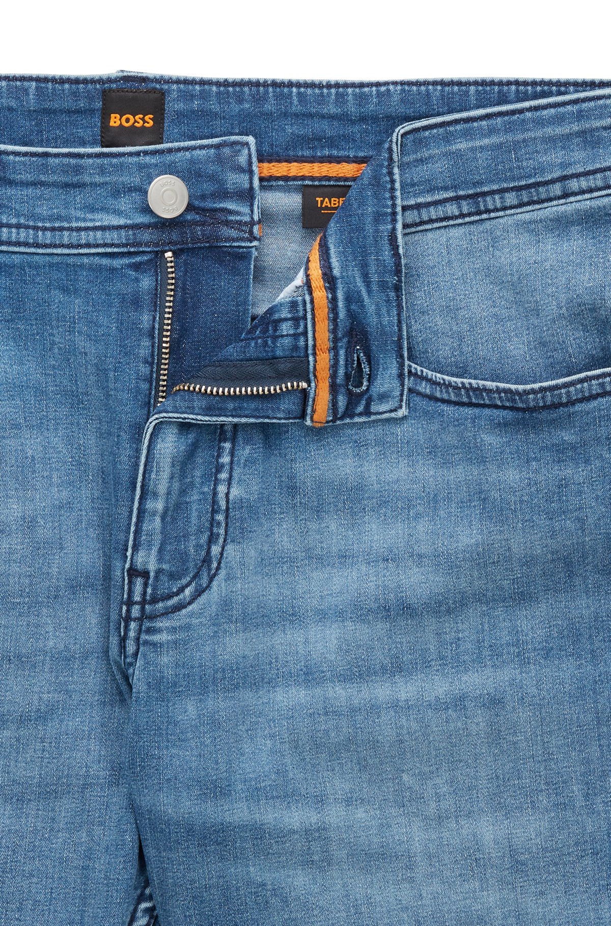 Tapered-fit shorts in blue super-stretch denim, Blue