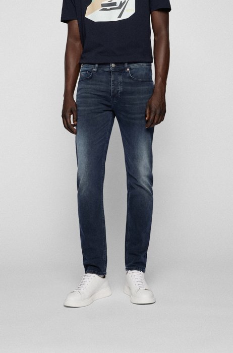 Tapered-fit jeans van versleten blauw gebreid denim, Donkerblauw