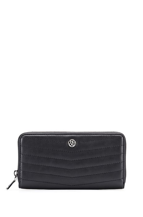 Quilted faux-leather ziparound wallet with stacked logo, Black