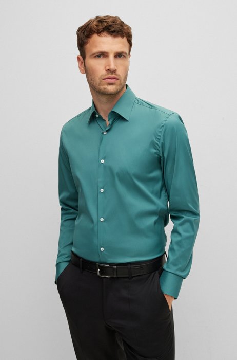Gemakkelijk te strijken slim-fit overhemd van hoogwaardig stretchmateriaal, Groen