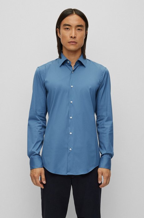 Gemakkelijk te strijken slim-fit overhemd van hoogwaardig stretchmateriaal, Blauw