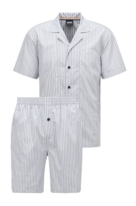 Conjunto de pijama regular fit de algodón a rayas con detalle de la marca, Gris