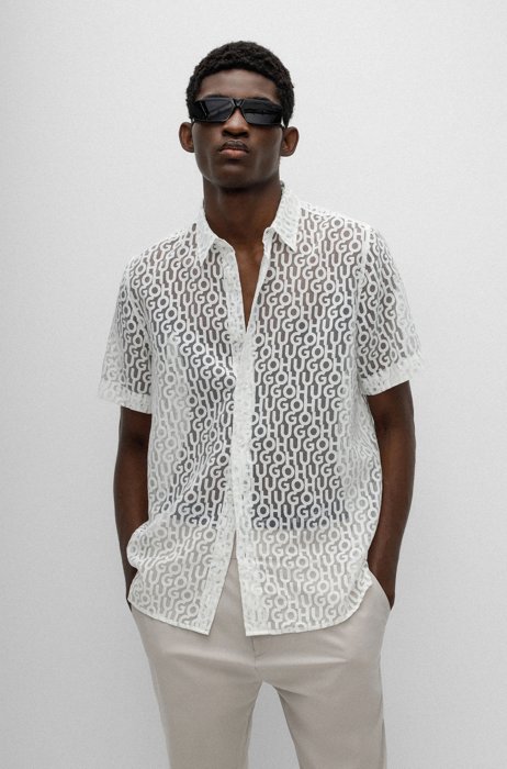 Relaxed-fit shirt in logo-print transparent fabric, White