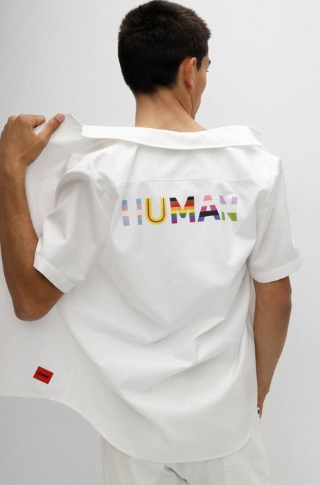 Relaxed-fit shirt in stretch cotton with multicoloured slogan, White
