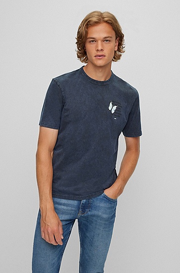 BOSS 博斯创意艺术印花宽松版型染色棉质 T 恤,  404_Dark Blue