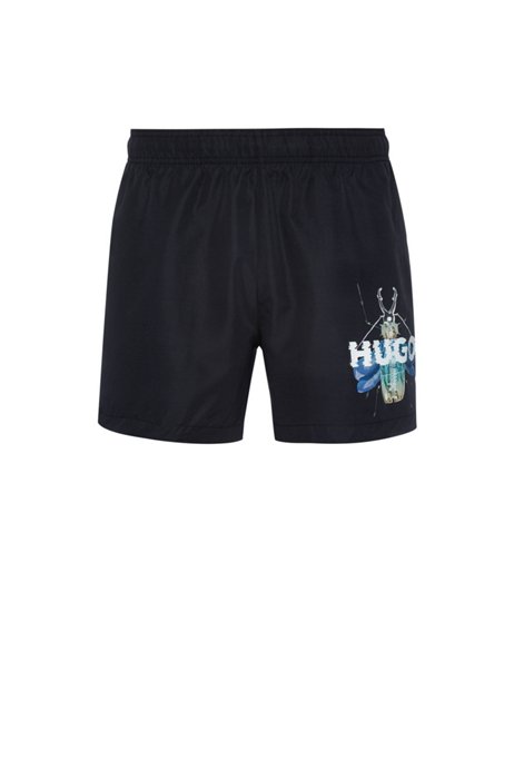 Quick-drying swim shorts with cyber-bug logo, Black