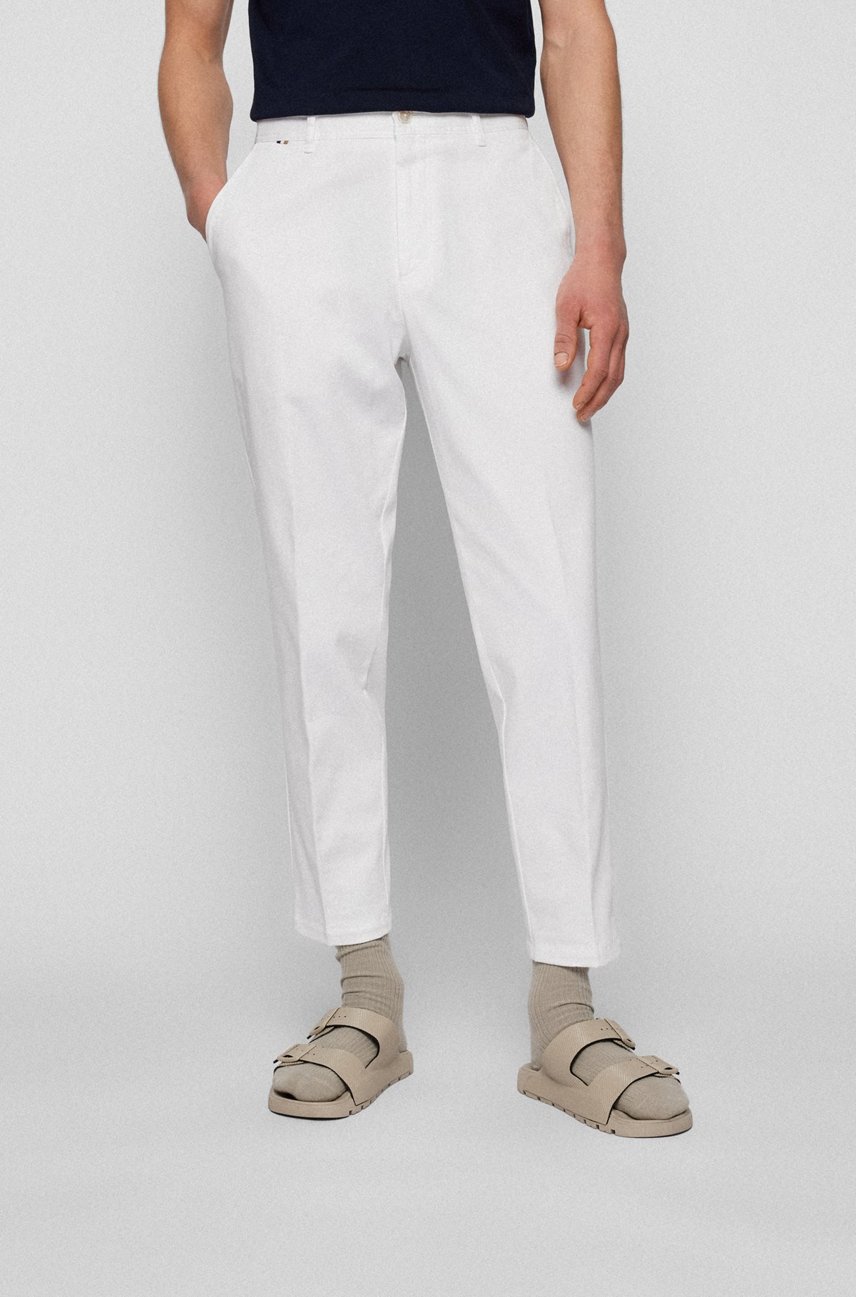 Pantalones tapered fit en algodón elástico microestampado, Blanco