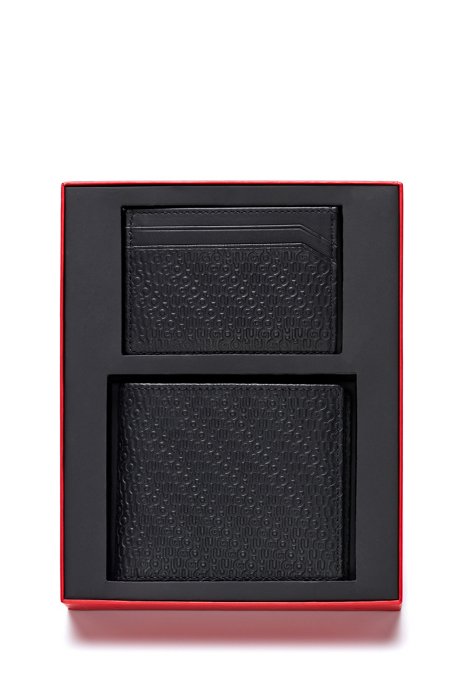 Logo-embossed leather wallet and card holder gift set, Black