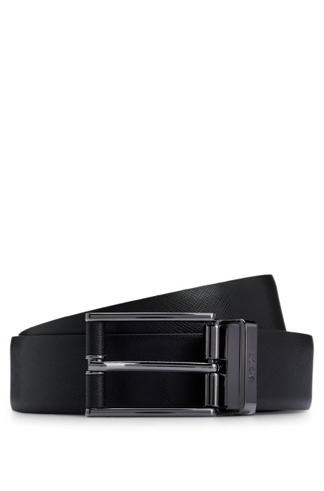 Reversible belt in smooth and structured Italian leather, Black