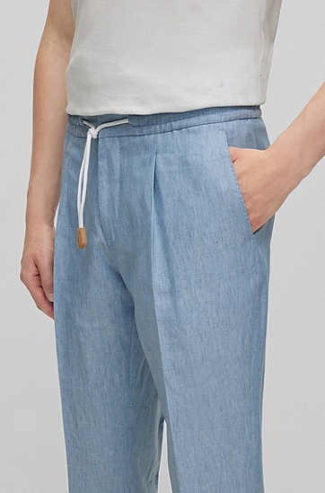BOSS 博斯亚麻、羊毛和真丝混纺人字纹修身长裤,  453_Light/Pastel Blue