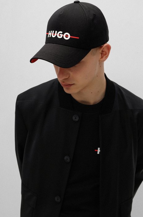 Gorra de sarga de algodón con logo y raya roja, Negro