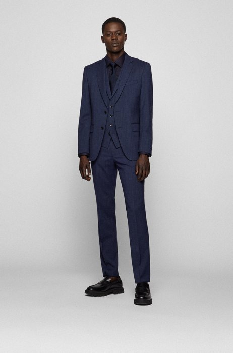 Slim-fit three-piece suit in stretch virgin wool, Dark Blue