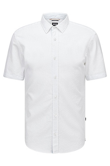 印花棉质修身短袖衬衫,  100_White