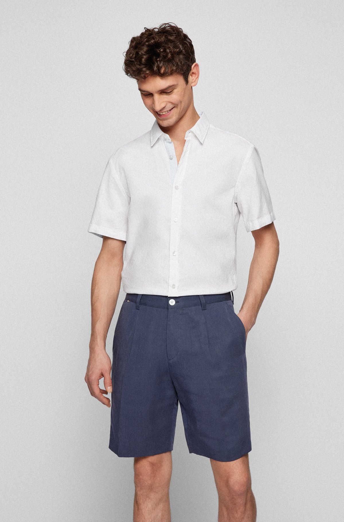 Slim-Fit Kurzarm-Hemd aus bedruckter Bio-Baumwolle, Weiß
