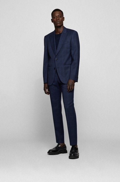 Slim-fit suit in checked stretch virgin-wool serge, Dark Blue