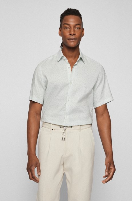 Regular-fit shirt in printed stretch-linen chambray, Light Green