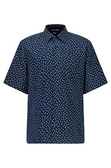 印花弹力亚麻青年布常规版型衬衫,  404_Dark Blue