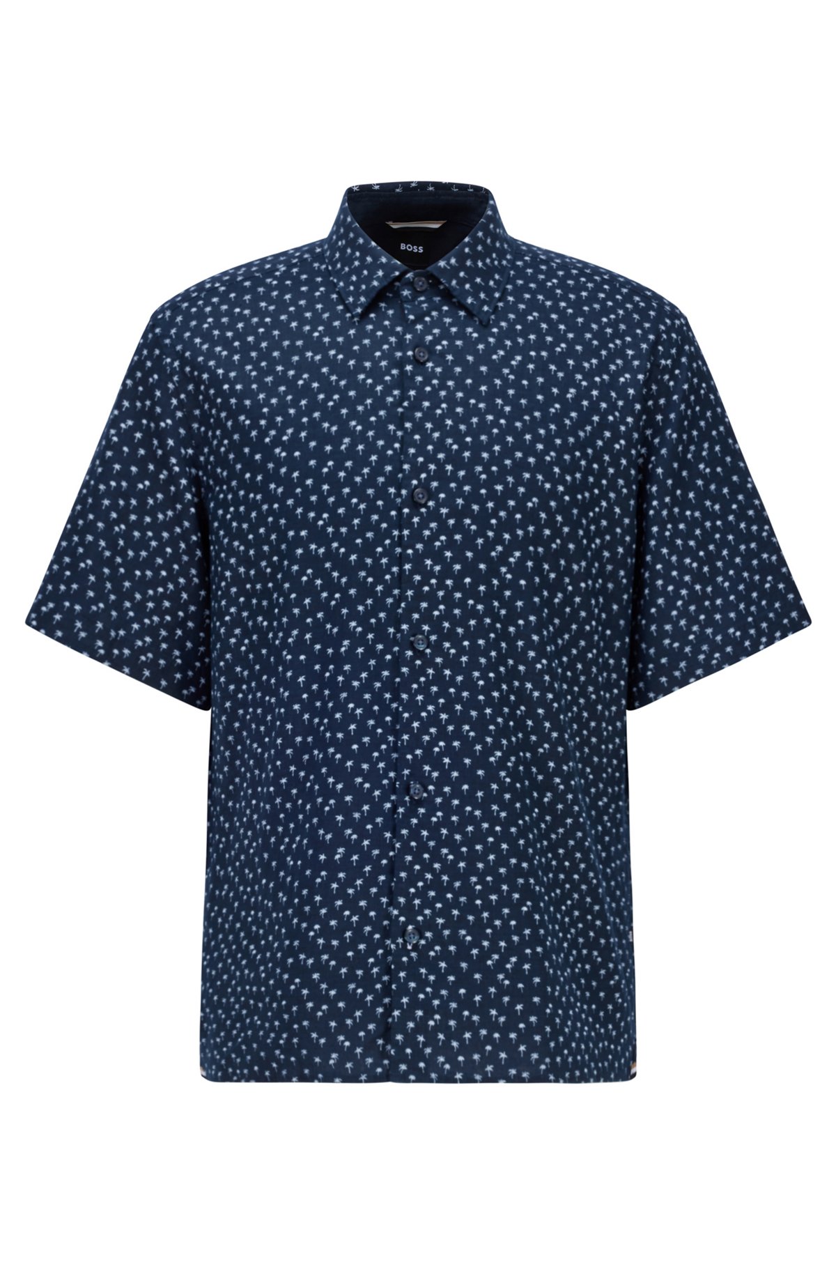 Regular-fit shirt in printed stretch-linen chambray, Dark Blue