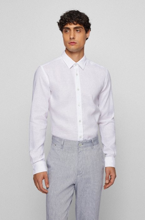 Camicia slim fit in lino elasticizzato lavato, Bianco