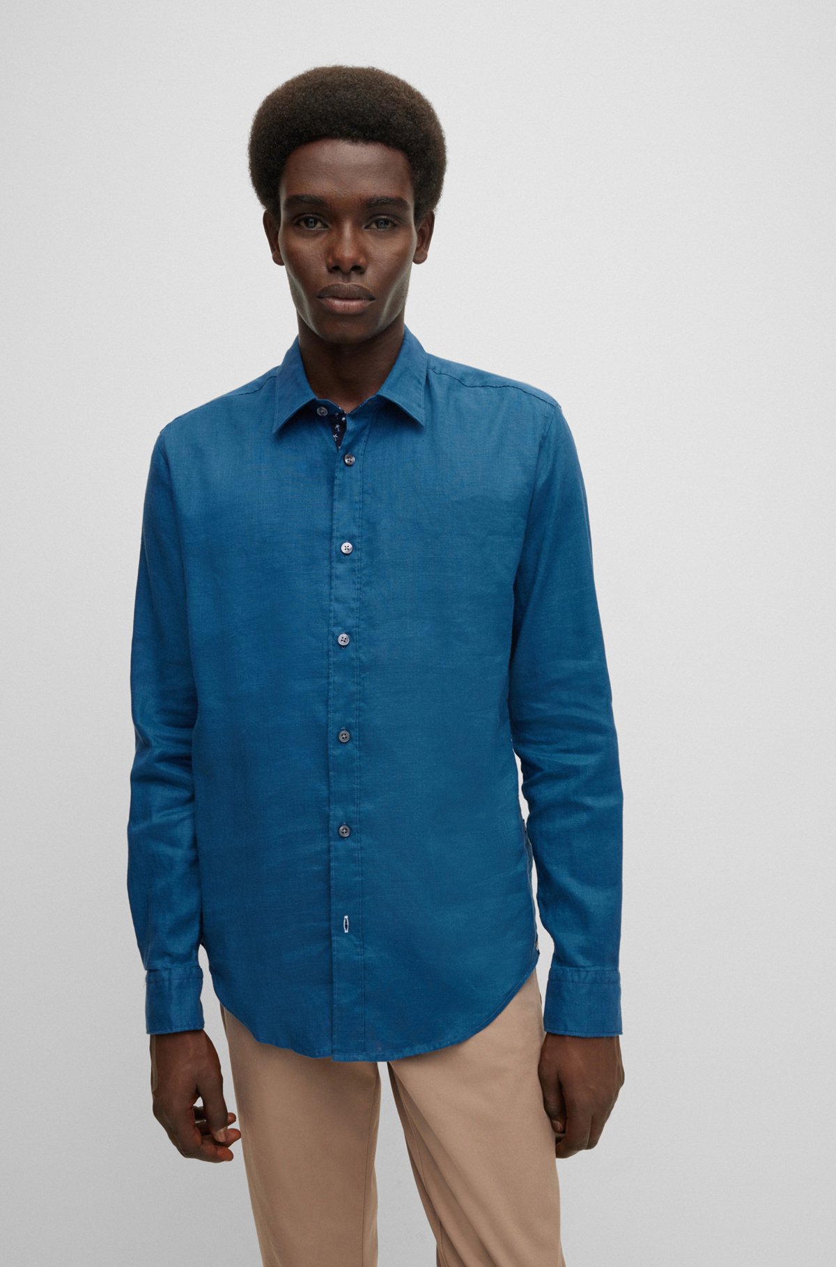 Camisa slim fit de lino elástico con lavado, Azul