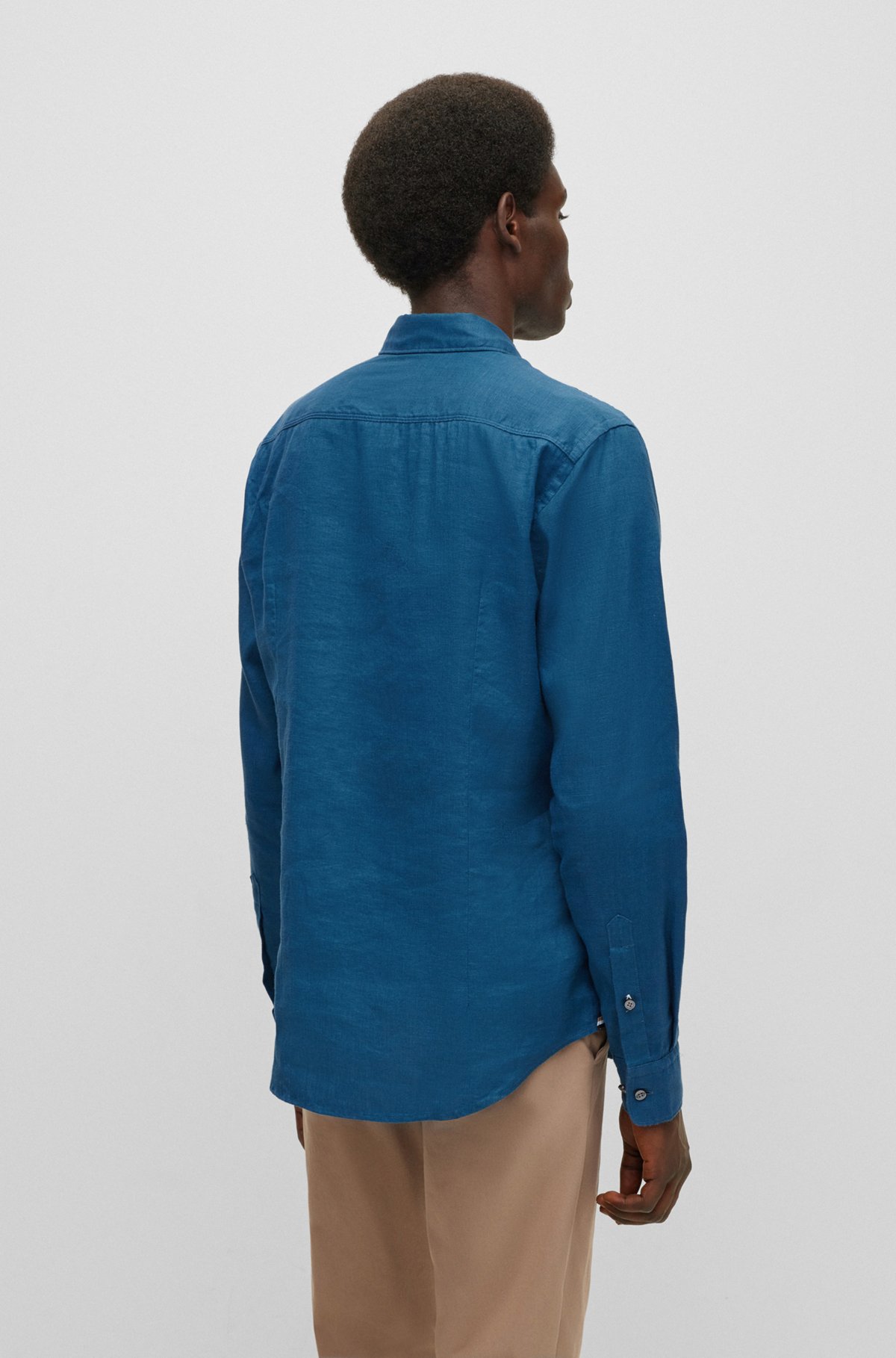 Slim-fit shirt in washed stretch linen, Blue