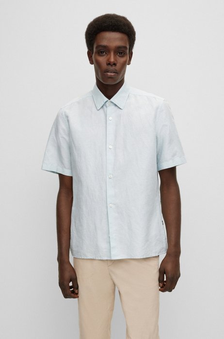 Regular-fit shirt in linen and cotton with leaf jacquard, Light Blue