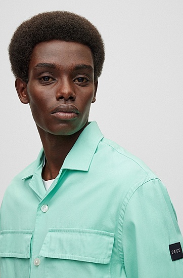 BOSS 博斯棉质混纺斜纹布宽松外套衬衫,  338_Light/Pastel Green