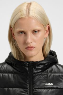 Water-repellent hooded puffer jacket with logo print, Black