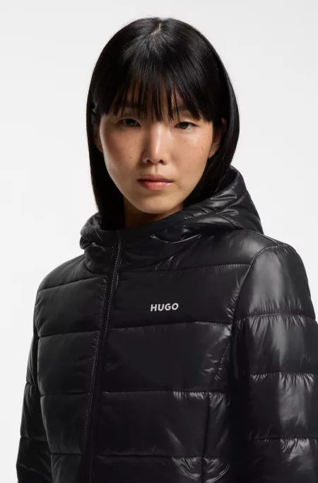 Water-repellent hooded puffer jacket with logo print