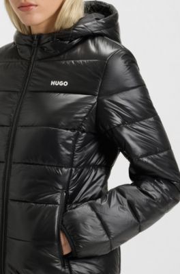 Water-repellent hooded puffer jacket with logo print, Black