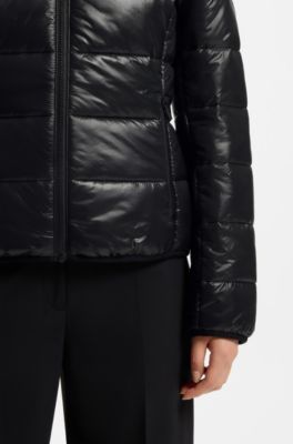 Water-repellent hooded puffer jacket with logo print, Black