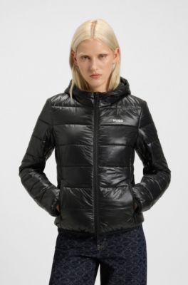 Water-repellent hooded puffer jacket with logo print, Black