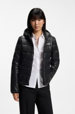 Water-repellent hooded puffer jacket with logo print